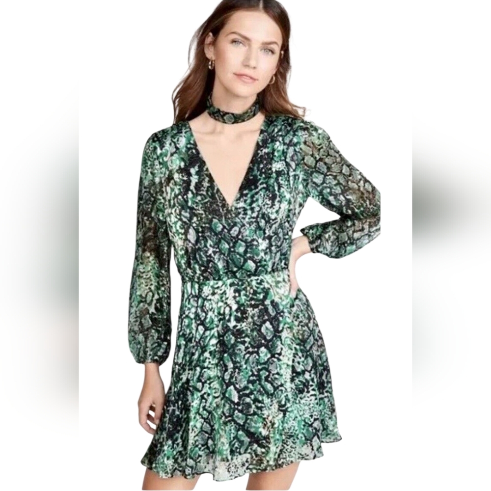 Nwot Alice + Olivia Rita Blouson Longsleeve V Neckline Silk Emerald Dress Choker